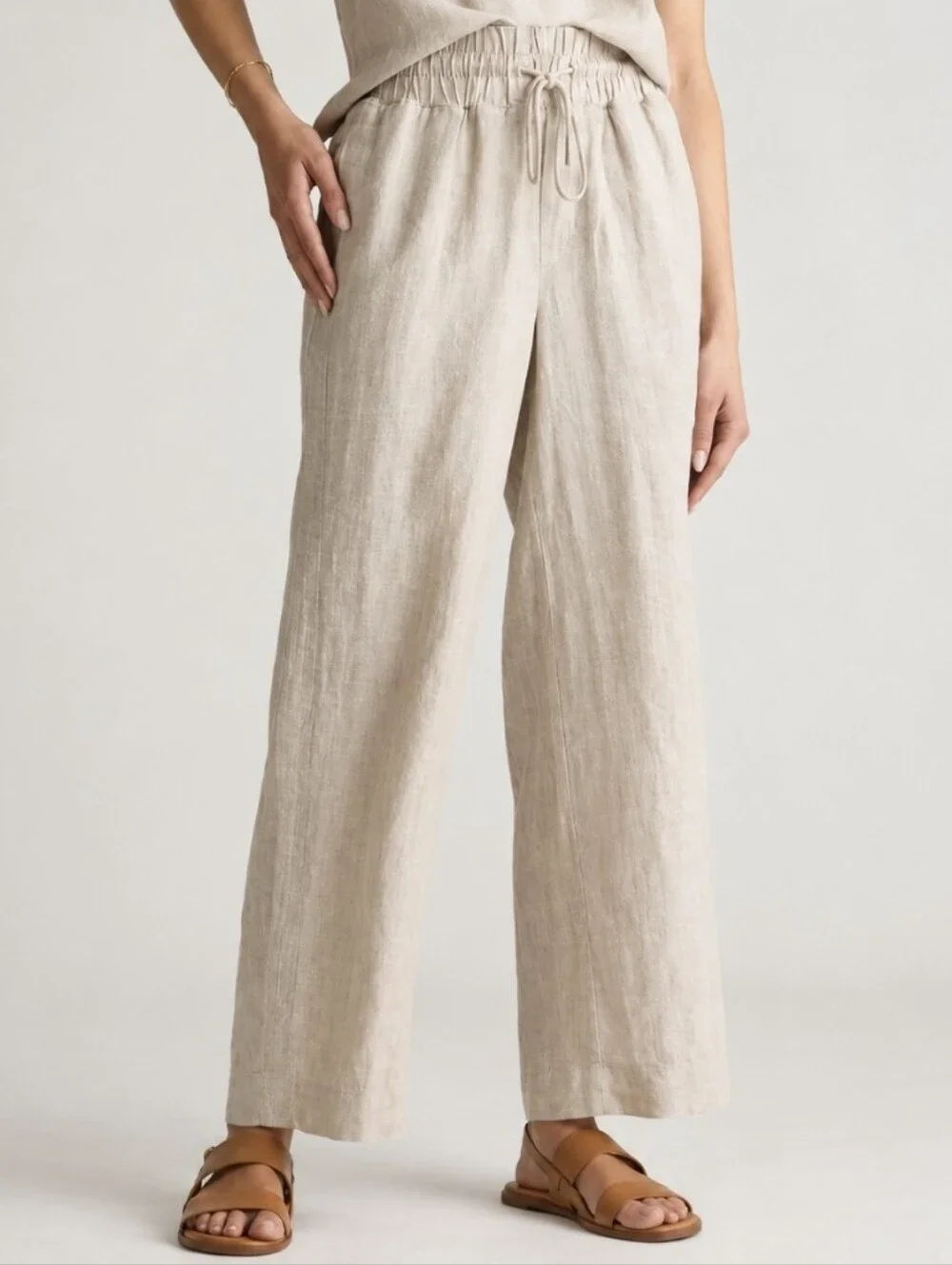 QUINCE Beige 100% European Linen Wide Leg High Rise Pants Pull-On Women's Sz L
